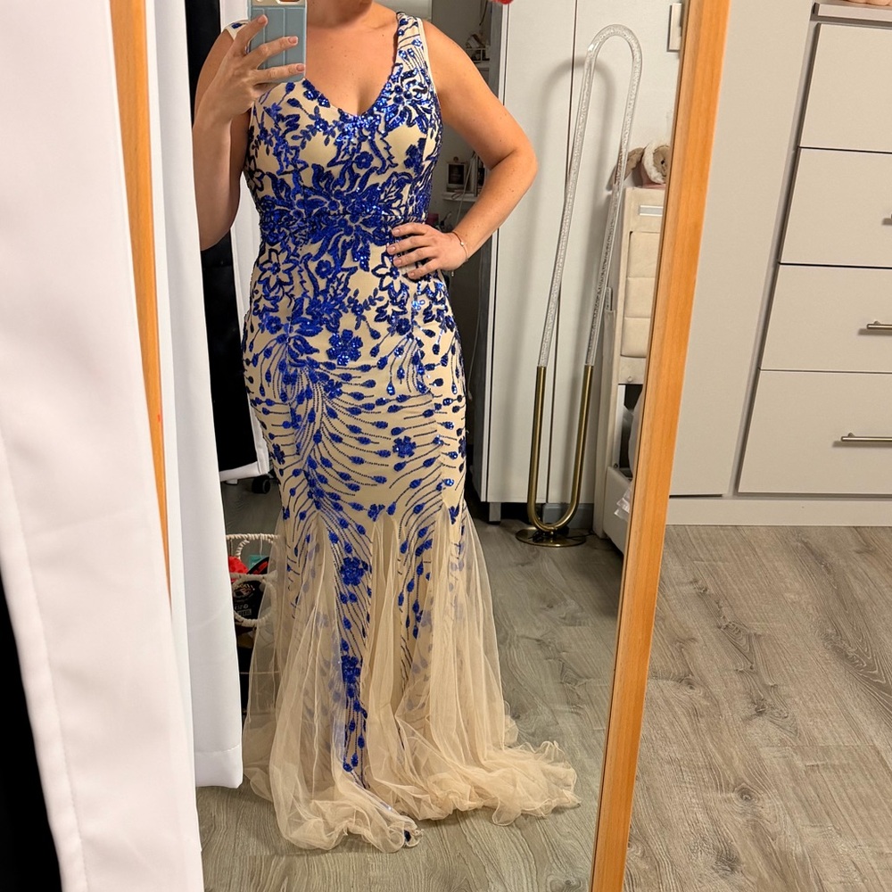 Blue, Floral, Tank, V Neck, Tulle, Contrast Sequined Mermaid Gown